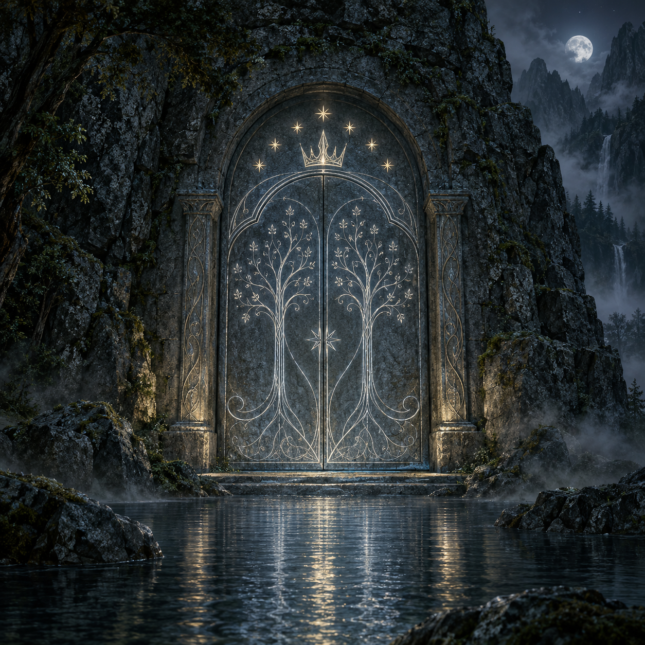 The luminous Doors of Durin, reflected in still water